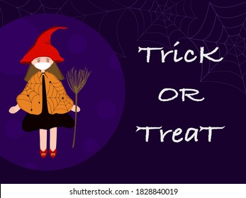 Vector - Cute cartoon witch on dress and red hat with broom on purple background. White wording Trick or treat. Seasonal greeting. Time to party.