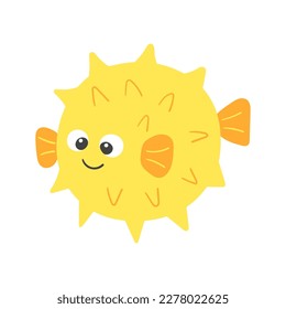 Vector cute cartoon yellow blow fish in flat style. Isolated illustration of sea animal character