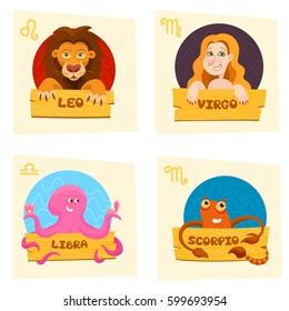Vector cute cartoon zodiac symbols set leo, virgo, libra, scorpio with wooden nameplates