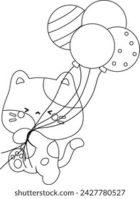 a vector of a cute cat in birthday theme in black and white coloring