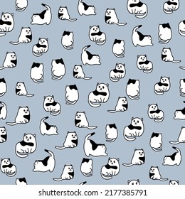 vector cute cat blue  vintage seamless pattern funny face white  black contour illustration for paper wallpaper cloth