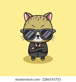 Vector Cute Cat Boss Wearing a Suit Illustration. Kawaii Animal Cartoon Character Design For Banner, Poster, Icon, and Mascot