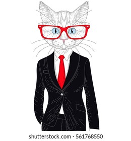 Vector cute cat boy in elegant suit with glasses. Hand drawn anthropomorphic animal cartoon, cheerful fashion hipster, illustration for t-shirt print, kids greeting card, invitation for pet party