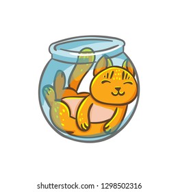 Vector cute cat character in an aquarium, liquid cat, in line style. ?artoon style isolated on white background. illustration for kids fashion, funny kitten in cartoon style. Ideal for cards,  nursery