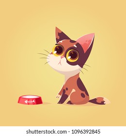 Vector cute cat character illustration. Cartoon style. Pity hungry kitten with bowl. Pet.