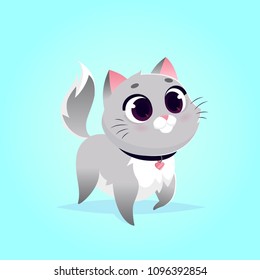 Vector cute cat character illustration. Cartoon style. Pity hungry kitten with bowl. Pet.