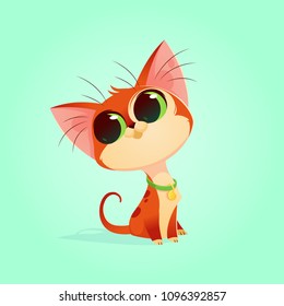 Vector cute cat character illustration. Cartoon style. Pity hungry kitten with bowl. Pet.