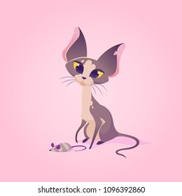 Vector cute cat character illustration. Cartoon style. Pity hungry kitten with bowl. Pet.