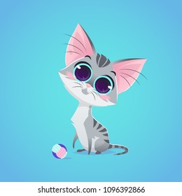 Vector cute cat character illustration. Cartoon style. Pity hungry kitten with bowl. Pet.