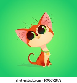 Vector cute cat character illustration. Cartoon style. Pity hungry kitten with bowl. Pet.