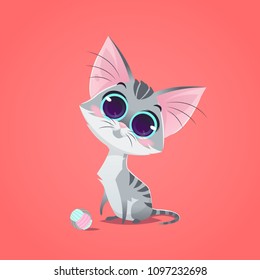 Vector cute cat character illustration. Cartoon style. Pity hungry kitten with bowl. Pet.