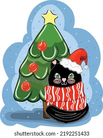 Un gato lindo vector y un árbol de Navidad. Pino vectorial de invierno y gatito. Feliz Navidad y Feliz Año Nuevo impreso. Ilustración vectorial para tarjetas, textiles, afiche, arte infantil, arte mural, decoración. 