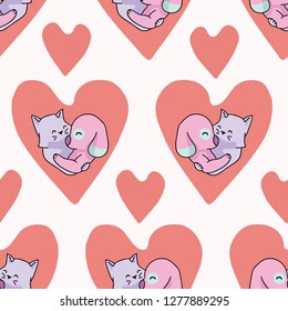 Vector cute cat dog hug hearts. Seamless repeat pattern. Hand drawn 2 pet animals hugging inside love heart for romantic valentines day, wedding or pet anniversary background. Free hug concept.