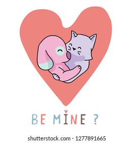 Vector cute cat dog hug heart with be mine text. Hand drawn illustration motif. 2 opposites attract animals hugging inside love heart for romantic valentines day, wedding or kawaii proposal clipart.