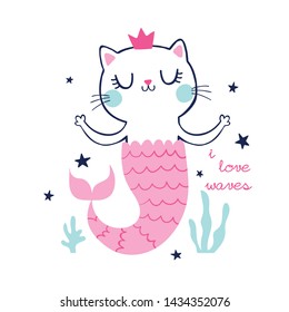 vector cute cat drawn as mermaid for tee print