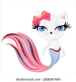 vector cute cat drawn as mermaid for tee print. Cute cat mermaid, vector illustration for children