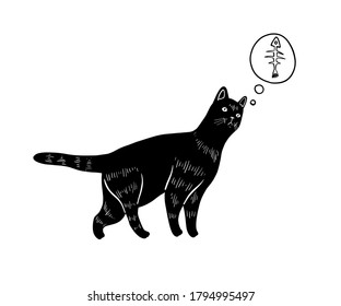 Vector cute cat dreaming about fish. Black and white doodle