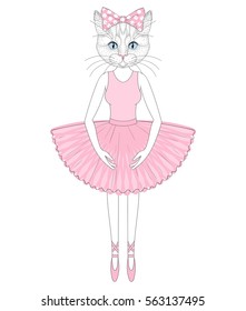 Vector cute cat in dress like ballerina. Hand drawn anthropomorphic kitty, illustration for t-shirt print, kids greeting card, invitation for pet party