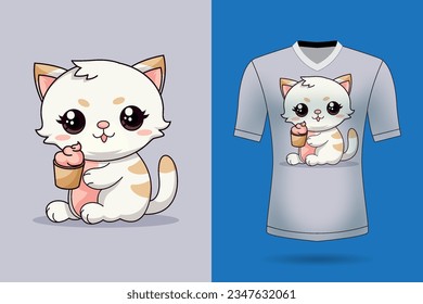Vector lindo gato comer helado dibujos animados icono de vectores de dibujos animados naturaleza de animales concepto aislado