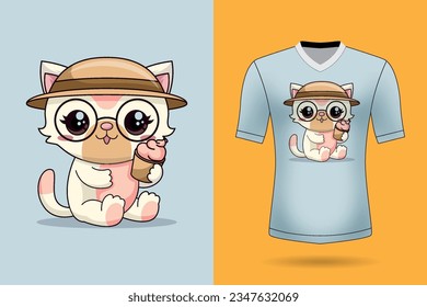 Vector cute cat eat ice cream cartoon vector icon illustration animal nature icon concept isolated