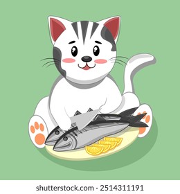 Vector of a cute cat eating fish with a knife perfect to t-shirt, clipart, sticker