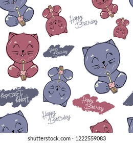 Vector cute cat and elements seamless pattern, isolated on white. cat blows out the candle on the cupcake. hand written Happy Birthday. kids style. wallpaper, wrapping paper, printing on fabric