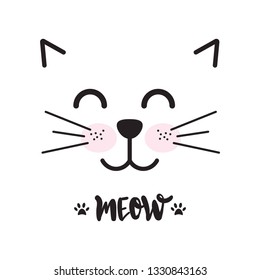 Vector cute cat face design. Meow. Fashion illustration. Print for t shirt