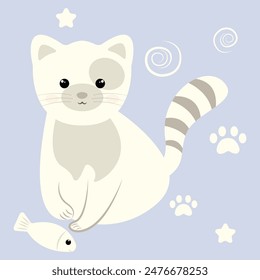 vector cute cat with fish and cat footprints