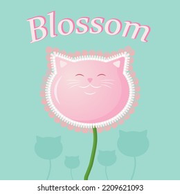 Vektorsüße Katzenblume. Blühende Katze. Blossom-Inschrift. Für Druck und Postkarten.