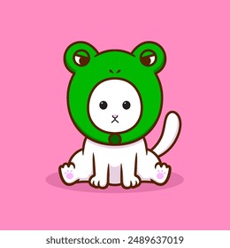 Vector cute cat with frog hat cartoon vector icon illustration