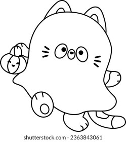 a vector of a cute cat in a ghost costume in black and white coloring