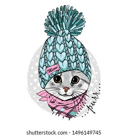 Vector cute cat with hat and scarf. Hand drawn illustration of dressed kitten.