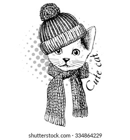 Vector cute cat in a hat and scarf