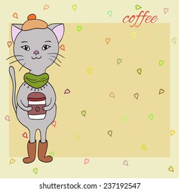 vector cute cat with hot coffee. background with hearts