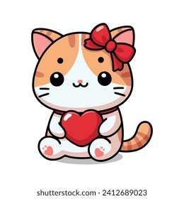 Vector cute cat hugging heart illustration