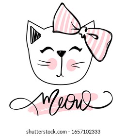 Vector cute cat illustration. Hand drawn Stylish kitten. Doodle Kitty. Cartoon animal isolated on white. Meow lettering. Funny character. Ideal for funny cards, kids print.