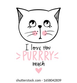 Dibujo vectorial lindo gato. El gatito estiloso dibujado a mano. Doodle Kitty. Animales de caricatura aislados en blanco. Carácter gracioso. Ideal para tarjetas divertidas, niños imprimir. Te amo mucho las letras.