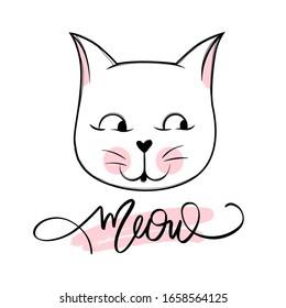 Vektorillustration süße Katzengrafik. Handgezeichnet Stylisches Kätzchen. Doodle Kitty. Cartoon-Tier einzeln auf Weiß. Mittlere Schrift. Hübscher Charakter. Ideal für lustige Karten, Kinder drucken.