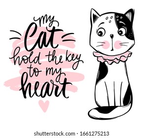 Vector cute cat illustration. Hand drawn kitten lettering. Doodle Kitty. Cartoon animal isolated on white. Funny character. Ideal for funny cards, kids print.