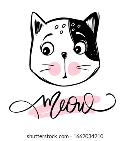 Vector cute cat illustration. Hand drawn Stylish kitten. Doodle Kitty. Cartoon animal isolated on white. Meow lettering. Funny character. Ideal for funny cards, kids print.