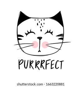 Vector cute cat illustration. Hand drawn Stylish kitten. Doodle Kitty. Cartoon animal isolated on white. Funny character. Ideal for funny cards, kids print. Positive lettering.