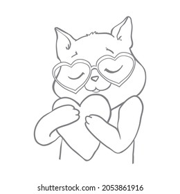 Vector cute cat illustration. Hand drawn Stylish kitten art. Doodle Kitty in glasses. Cartoon animal isolated on white. Funny character. Ideal for cards, posters, kids print.
