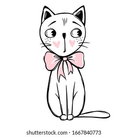 Vector cute cat illustration isolated on white. Hand drawn Stylish kitten. Doodle Kitty. Cartoon animal isolated on white. Funny character. Ideal for funny cards, kids print.