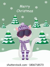 Vector cute cat illustration isolated on white.Fir-tree.  Perfect for greeting cards, party invitations, posters, stickers, pin, scrapbooking, icons. Vector illustration.Merry Christmas & Happy New Ye