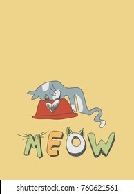 Vector Cute Cat Illustration For Print, Card, Apparel, Banner or Poster. Kids Drawing Style.