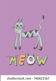 Vector Cute Cat Illustration For Print, Card, Apparel, Banner or Poster. Kids Drawing Style.