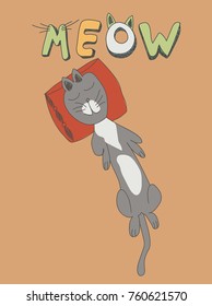 Vector Cute Cat Illustration For Print, Card, Apparel, Banner or Poster. Kids Drawing Style.
