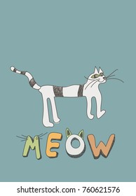 Vector Cute Cat Illustration For Print, Card, Apparel, Banner or Poster. Kids Drawing Style.
