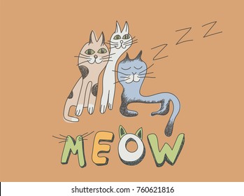 Vector Cute Cat Illustration For Print, Card, Apparel, Banner or Poster. Kids Drawing Style.