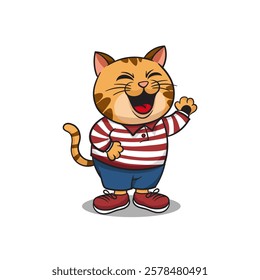 Vector cute cat is laughing, wearing clothes and shoes. cartoon vector